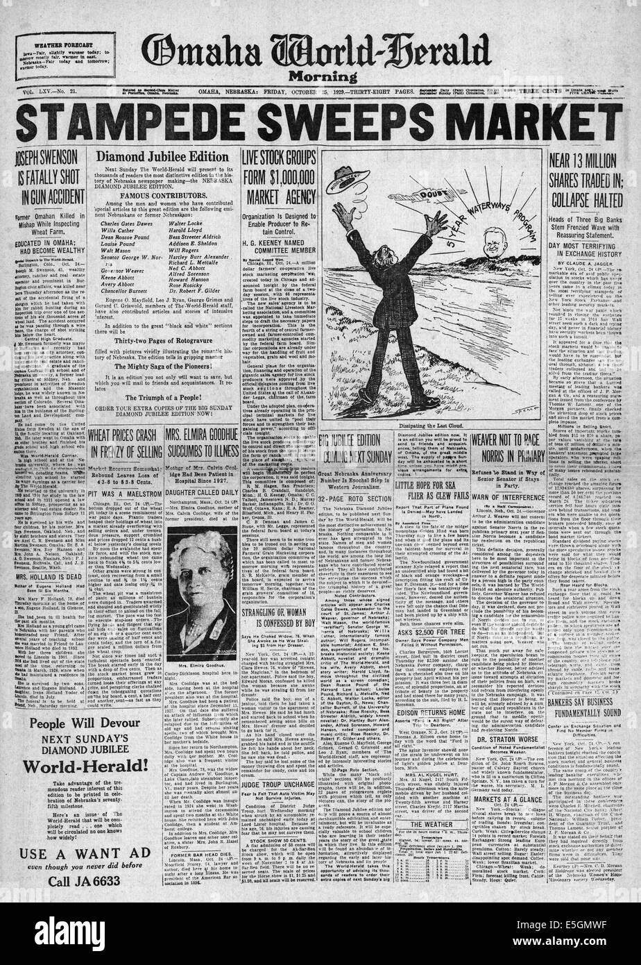 1929 Omaha Welt-Herald (USA) Titelseite berichtet das Wall Street Crash Stockfoto