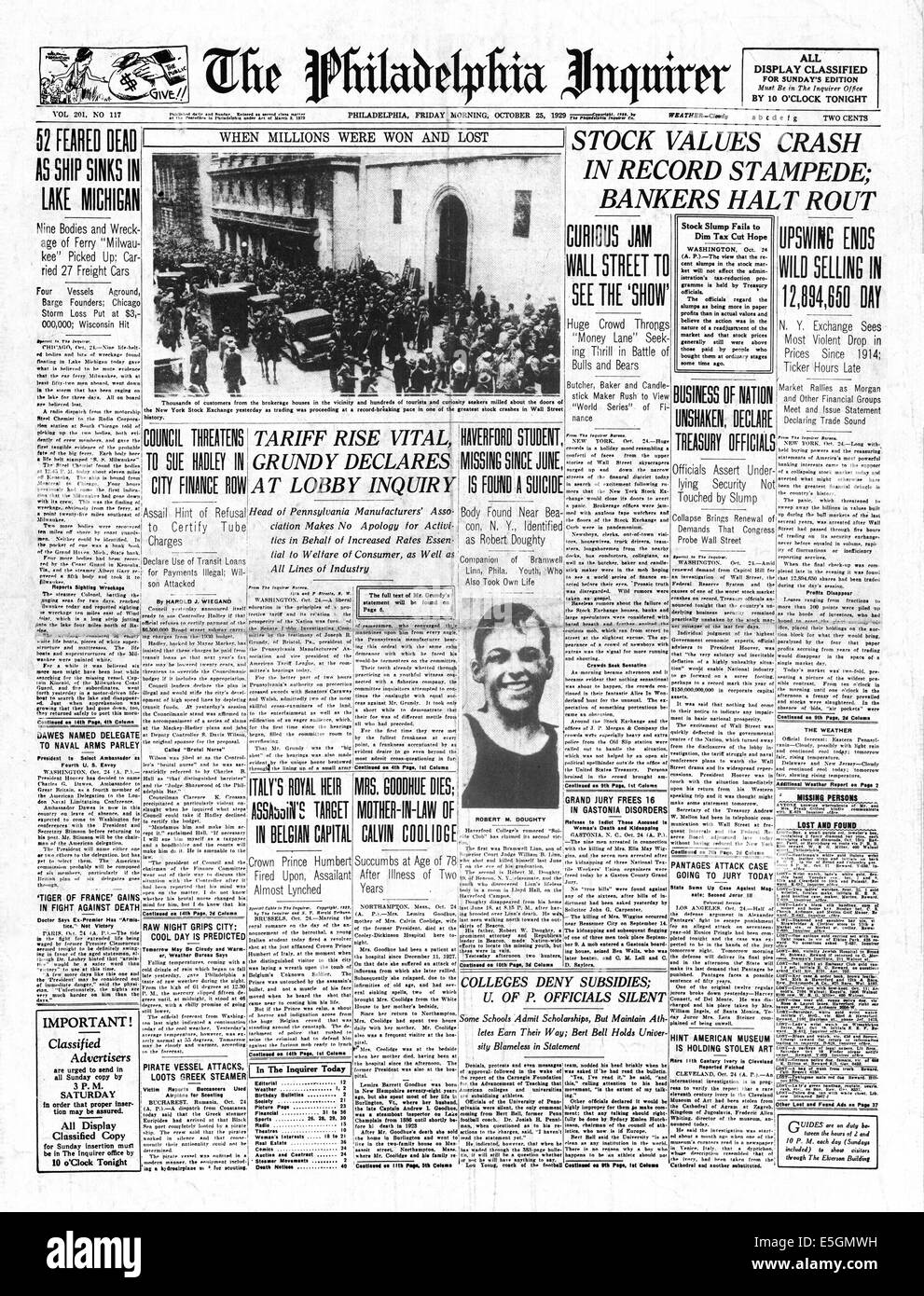1929 Philadelphia Inquirer (USA) Titelseite berichtet das Wall Street Crash Stockfoto