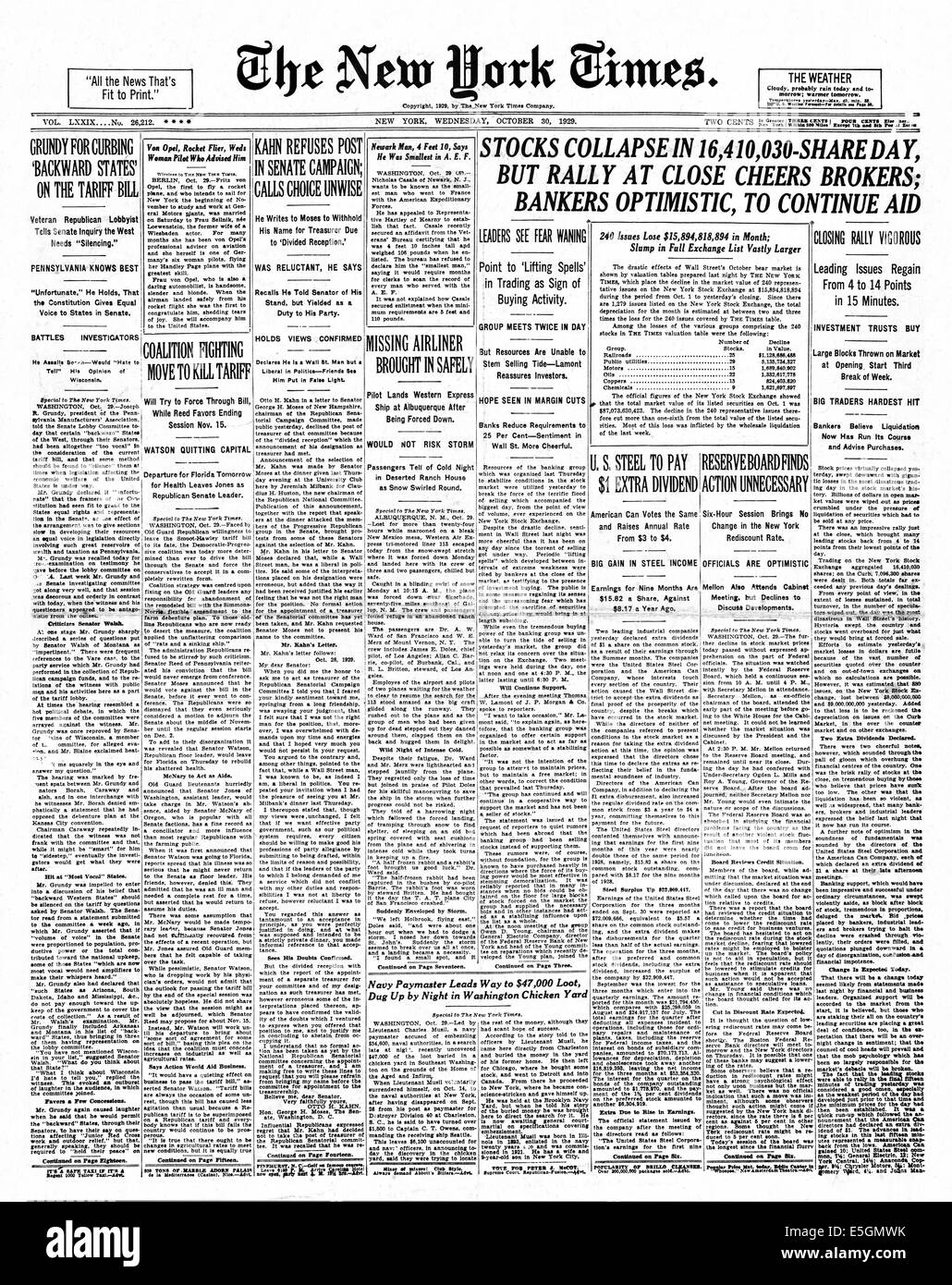 1929 New York Times (USA) Titelseite berichtet das Wall Street Crash Stockfoto