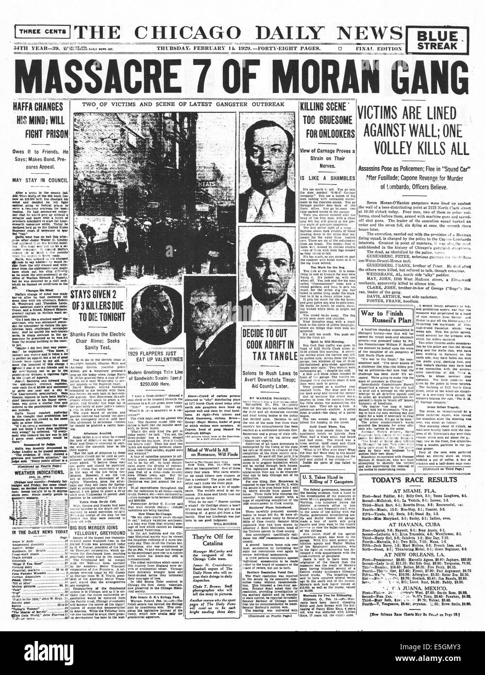 1929 Chicago Daily News (USA) Titelseite Berichterstattung das St-Valentinstag-Massaker in Chicago Stockfoto