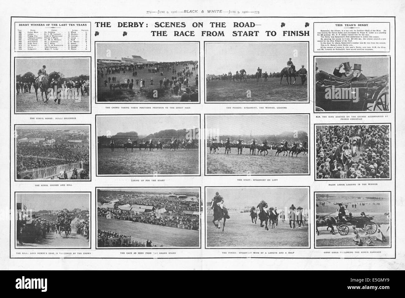 1906 schwarz-weiß & Magazin mit Illustrationen des Epsom Derby Stockfoto