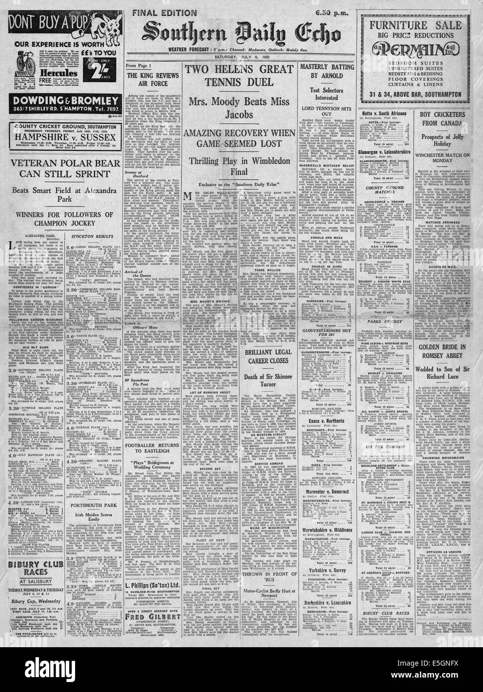 1935 Southern Daily Echo Titelseite Berichterstattung Helen Wills-Moody gewinnt Wimbledon Tennis Finale schlagen Helen Jacobs Stockfoto