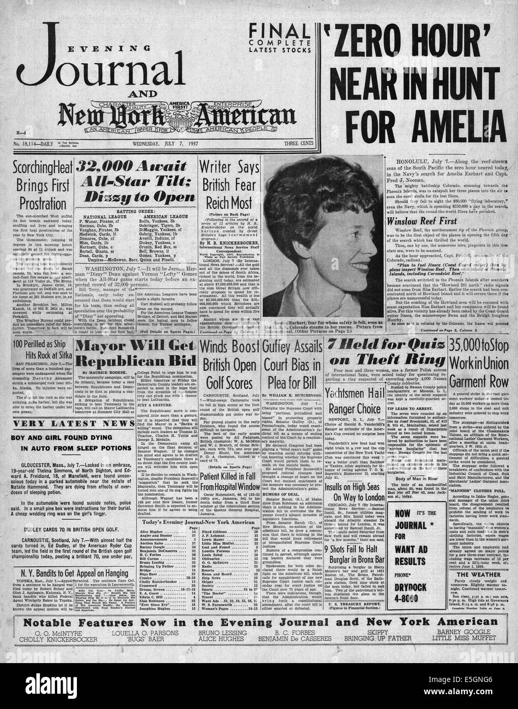 1937 Abend Journal & New York Prüfer (USA) Front Seite Berichterstattung Amelia Earhart fehlt Stockfoto