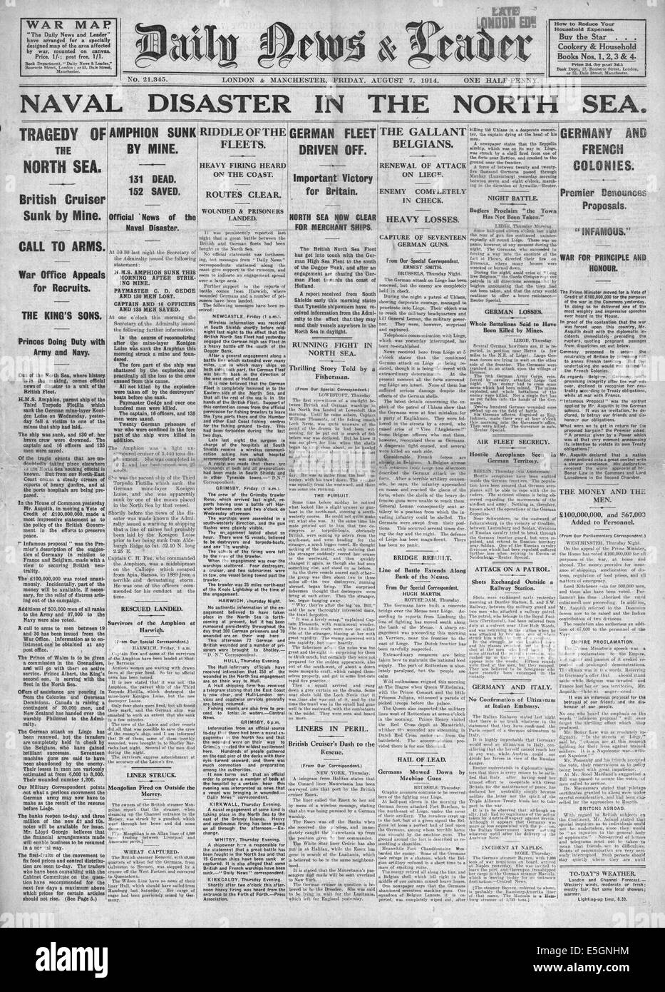 1914 daily News & Leader Front Seite Berichterstattung sinken von HMS Amphion von deutschen mir Stockfoto