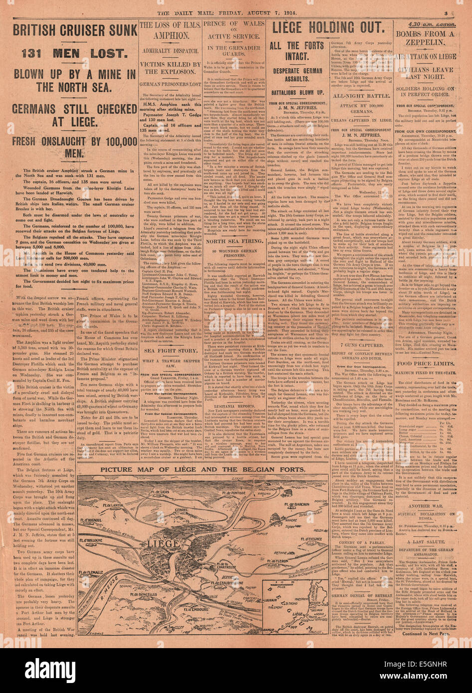 1914 daily Mail Seite 3 Untergang der HMS Amphion von deutschen Berichterstattung von mir Stockfoto