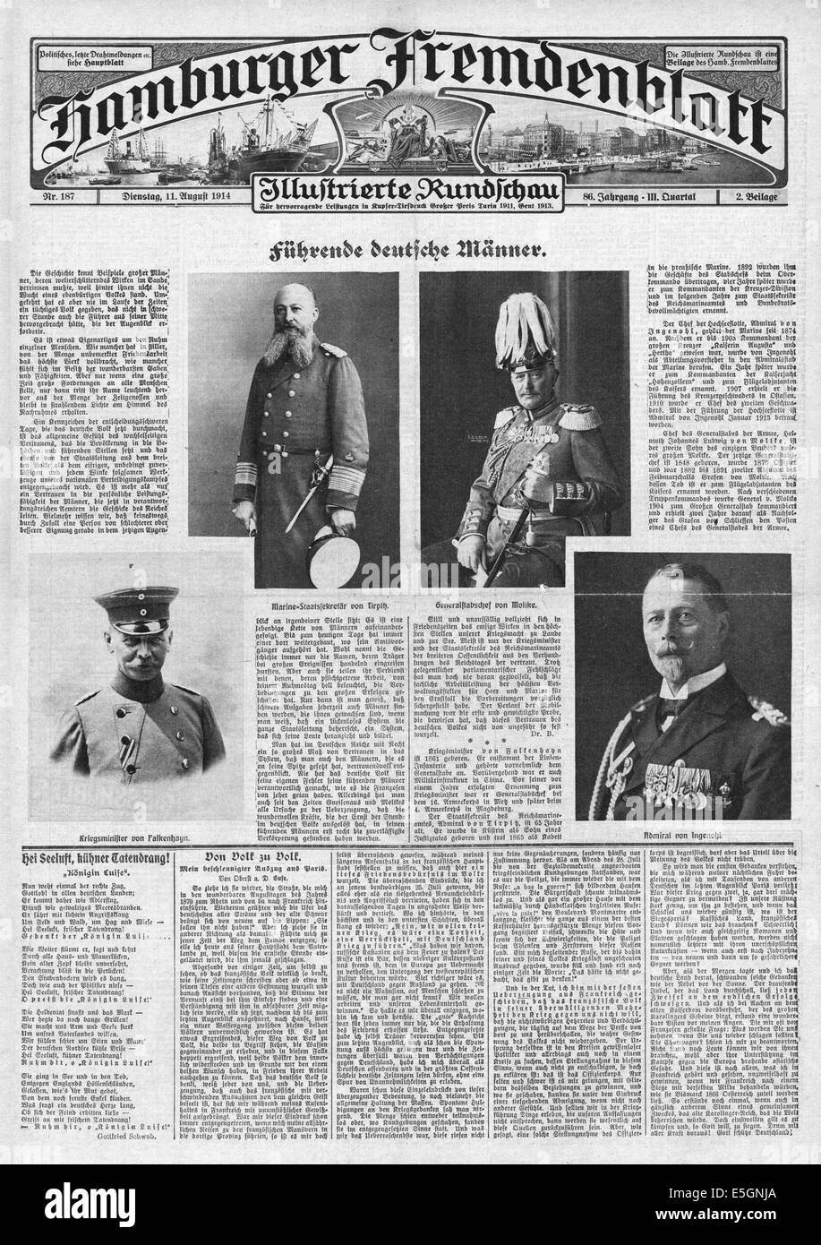 1914 Hamburger Fremdenblatt Titelseite zeigt deutsche Kommandeure Von Tirpitz, Von Moltke, Von Ingenohl und Von Falkenhayn Stockfoto