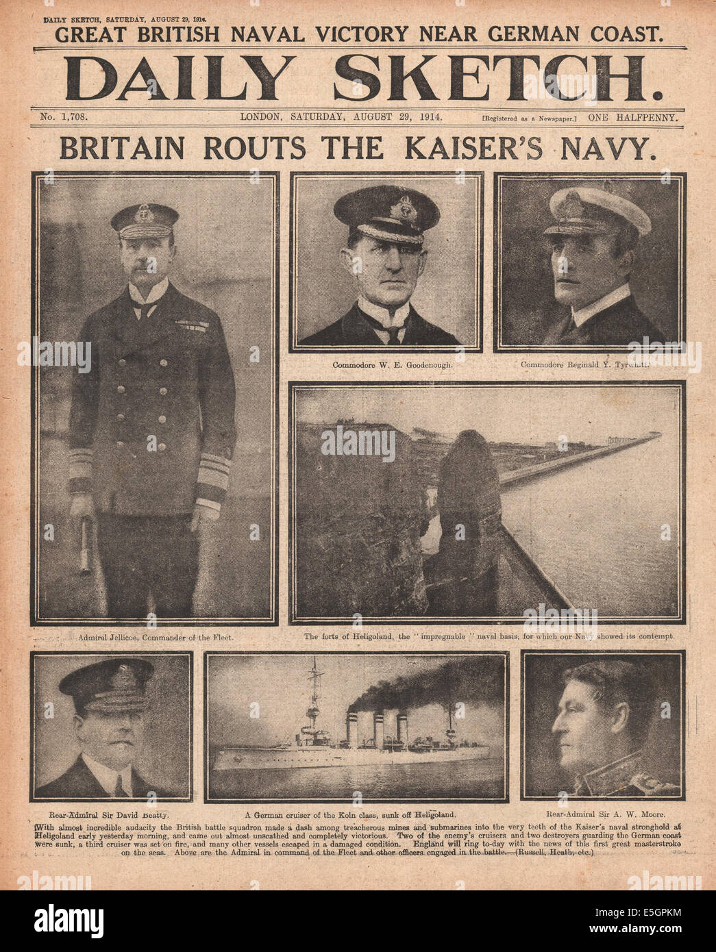 1914 daily Sketch Titelseite Berichterstattung der Untergang der deutschen Kriegsschiffe SMS Mainz, SMS Cöln und SMS Ariadne, Zerstörer V-187 von der Royal Navy bei der Schlacht von Helgoland Bucht Stockfoto