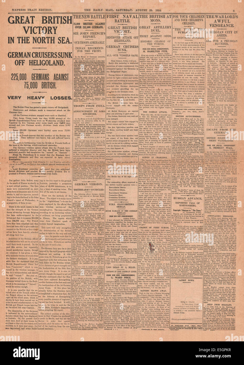 1914 daily Mail Seite 5 Berichterstattung der Untergang der deutschen Kriegsschiffe SMS Mainz, SMS Cöln und SMS Ariadne, Zerstörer V-187 von der Royal Navy bei der Schlacht von Helgoland Bucht Stockfoto