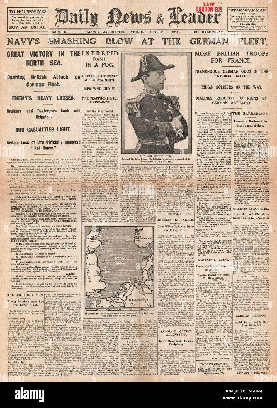1914 daily News & Leader Titelseite Berichterstattung der Untergang der deutschen Kriegsschiffe SMS Mainz, SMS Cöln und SMS Ariadne, Zerstörer V-187 von der Royal Navy bei der Schlacht von Helgoland Bucht Stockfoto