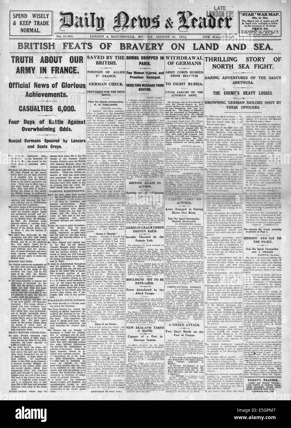 1914 daily News & Leader Titelseite Berichterstattung die Tapferkeit der britischen Kräfte auf Land und Meer Stockfoto