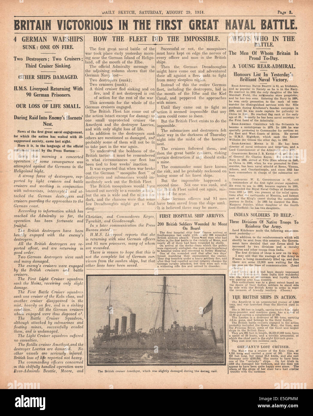 1914 daily Sketch Seite 3 Berichterstattung der Untergang der deutschen Kriegsschiffe SMS Mainz, SMS Cöln und SMS Ariadne, Zerstörer V-187 von der Royal Navy bei der Schlacht von Helgoland Bucht Stockfoto