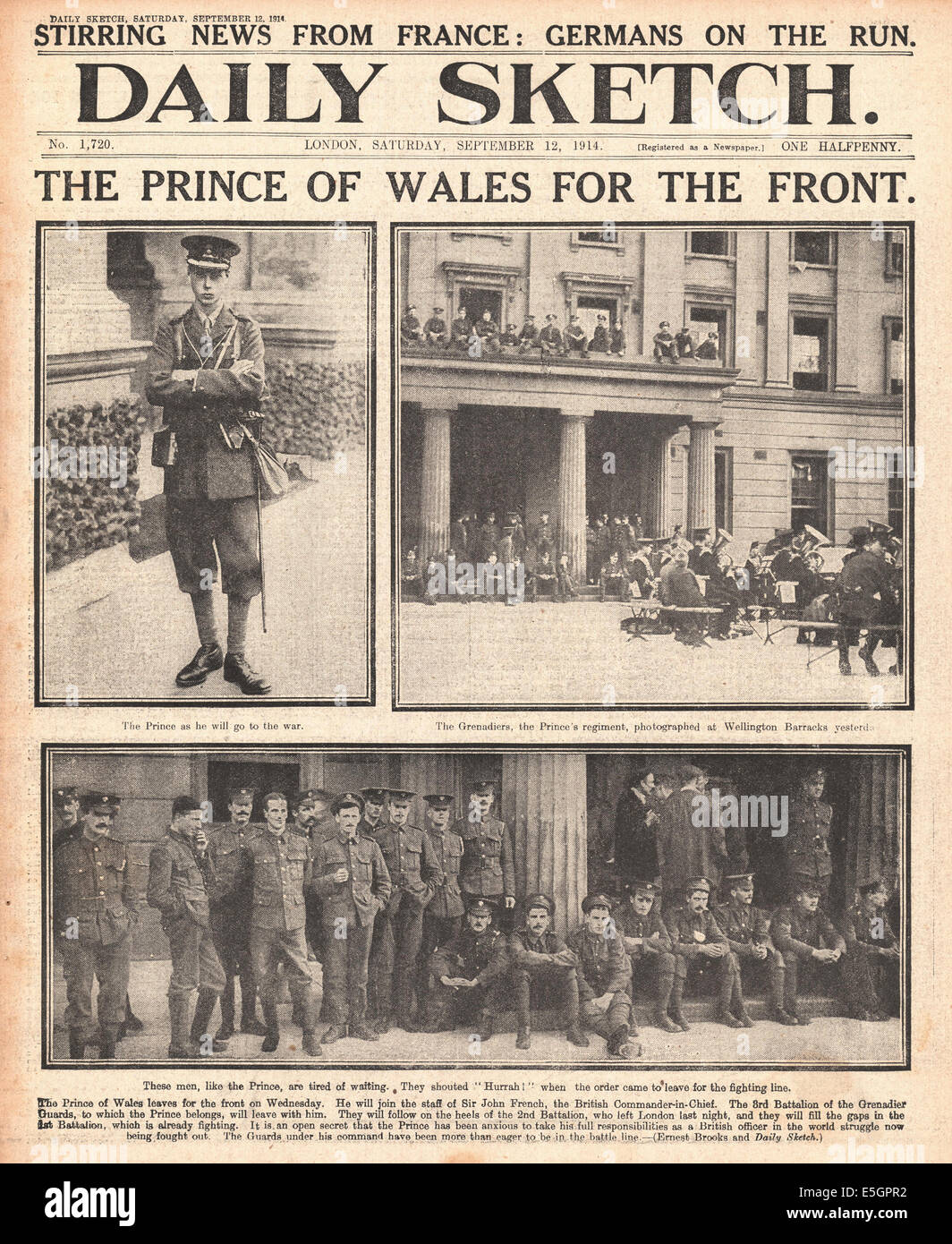 1914 daily Sketch Titelseite Berichterstattung der Prince Of Wales ist Frontlinie Pflicht betref- Stockfoto