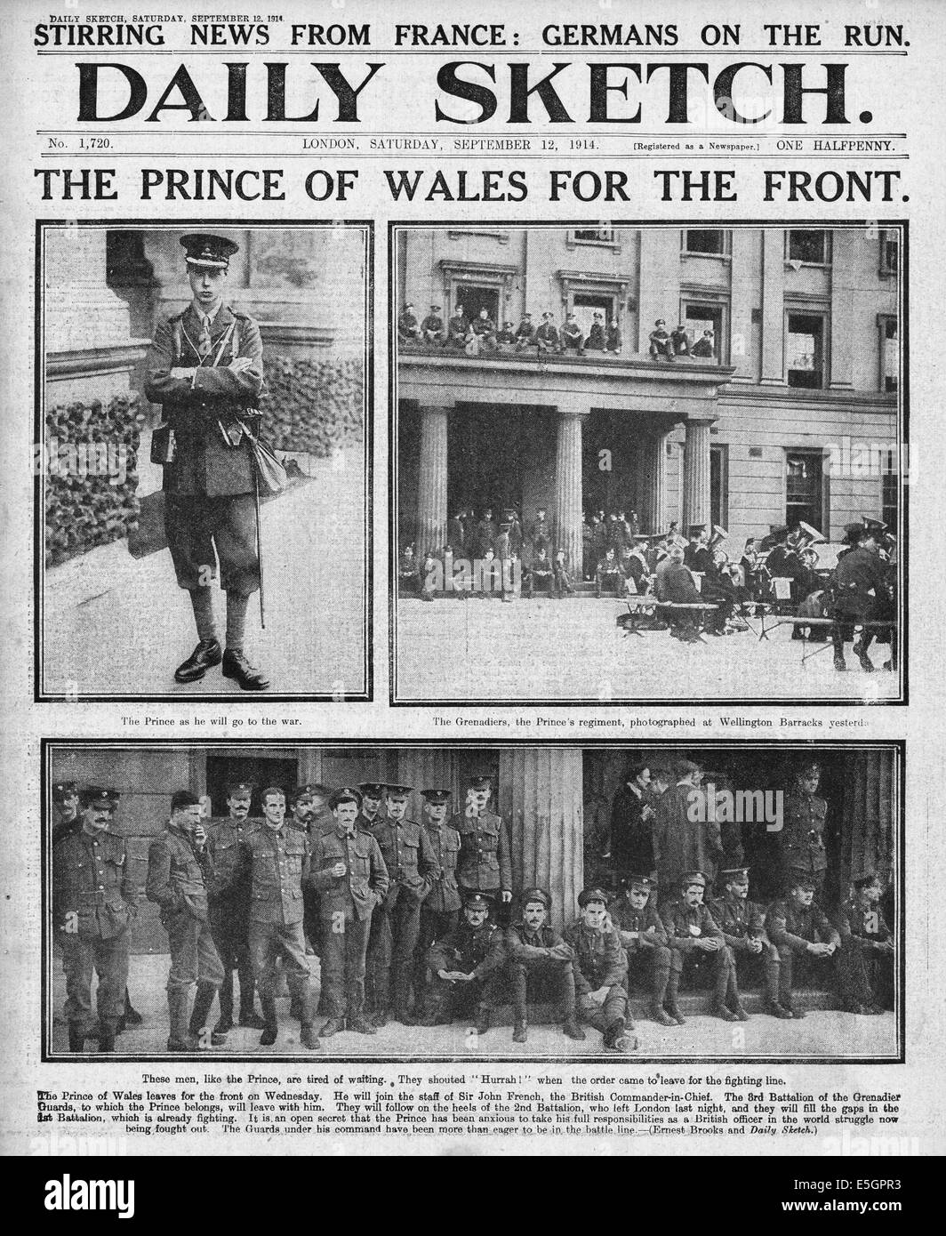 1914 daily Sketch Titelseite Berichterstattung der Prince Of Wales ist Frontlinie Pflicht betref- Stockfoto