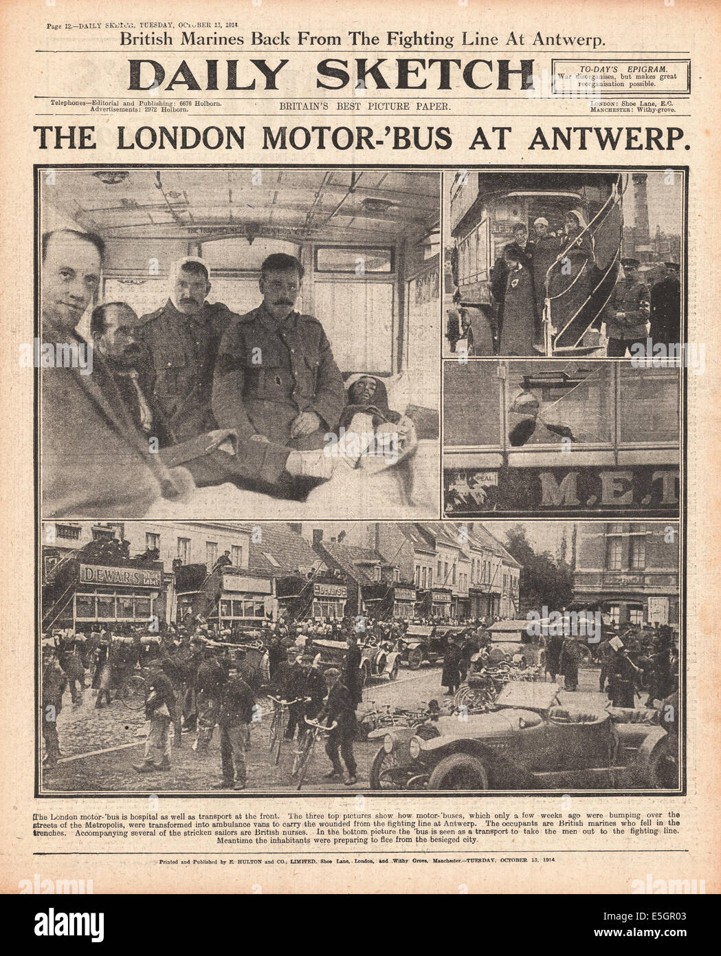 1914 daily Sketch Rückseite Berichterstattung die Verwendung von London Busse als Krankenwagen, mobile Krankenhäuser und den Transport von Truppen von der Front und Stockfoto