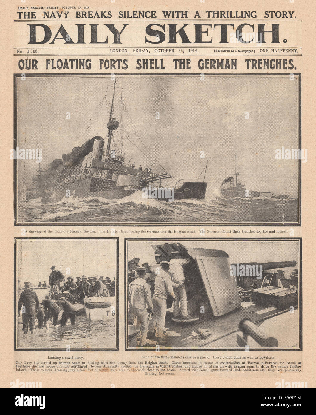 1914 daily Sketch Titelseite Berichterstattung britische Marine Monitor Beschuss deutsche Schützengräben aus dem Meer Stockfoto