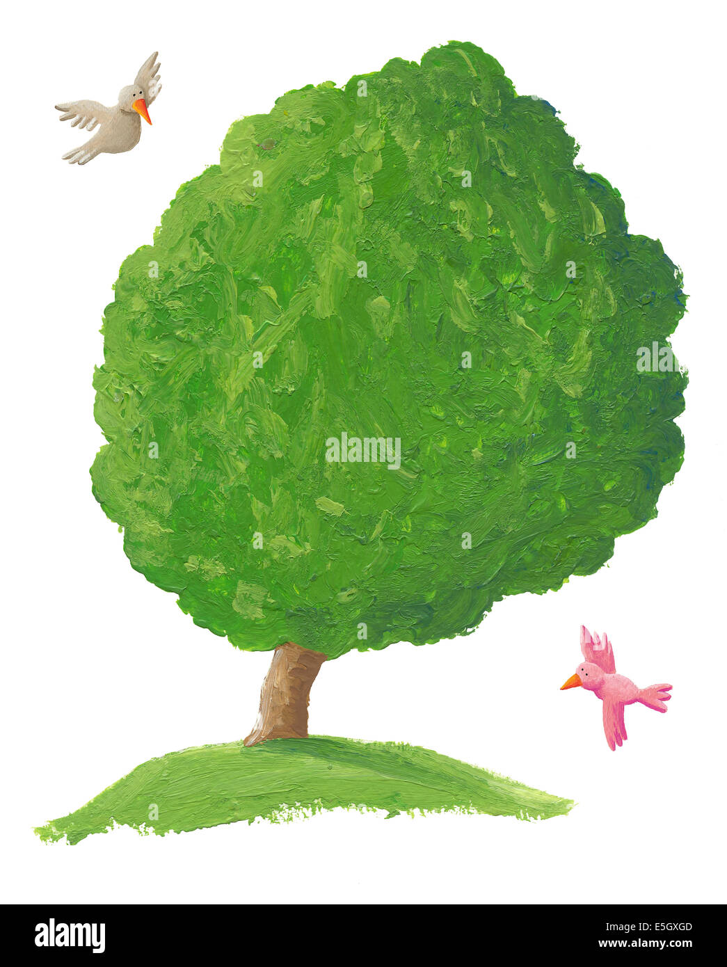 Acryl Bild des Baumes und zwei Vögel Stockfoto