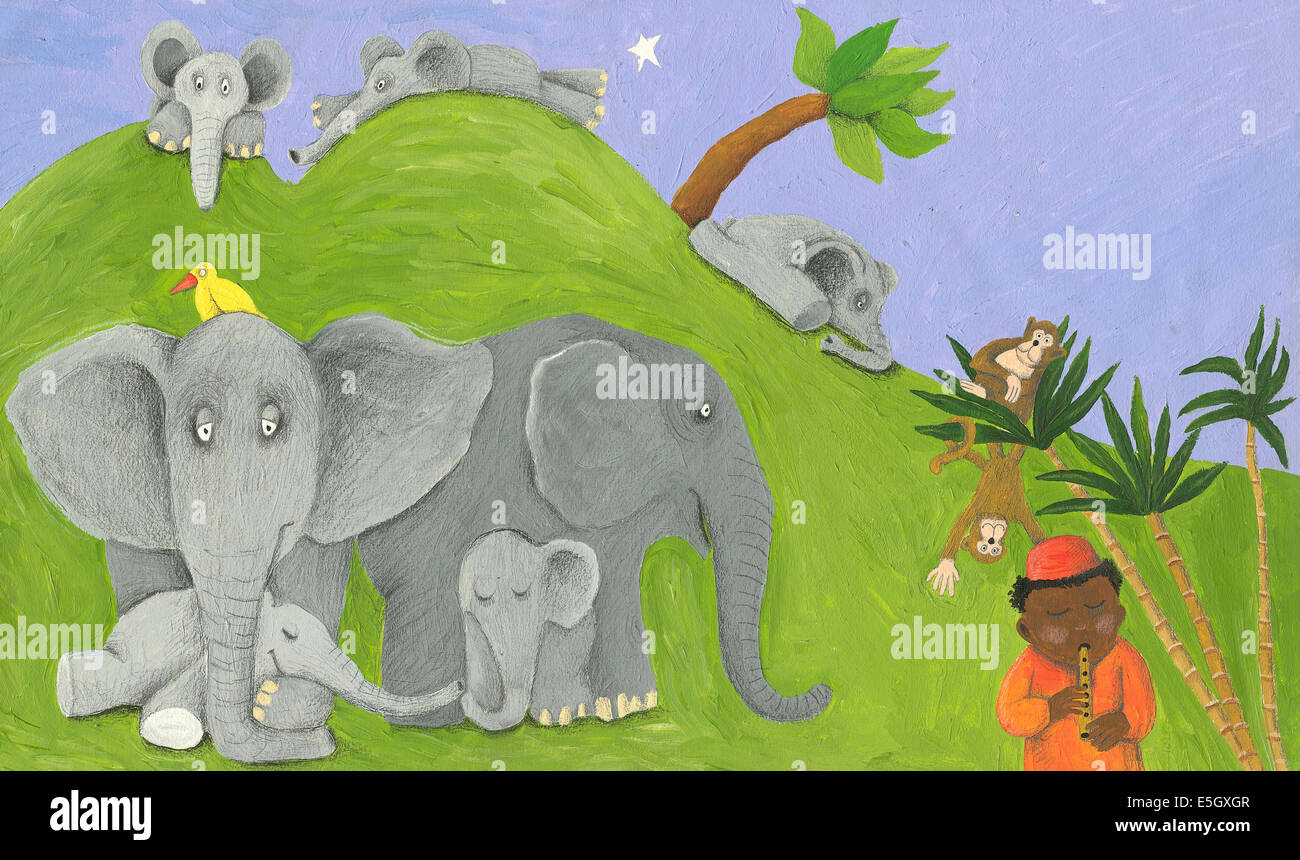 Acryl Bild der Familie der Elefanten, Affen und eines afrikanischen jungen Stockfoto