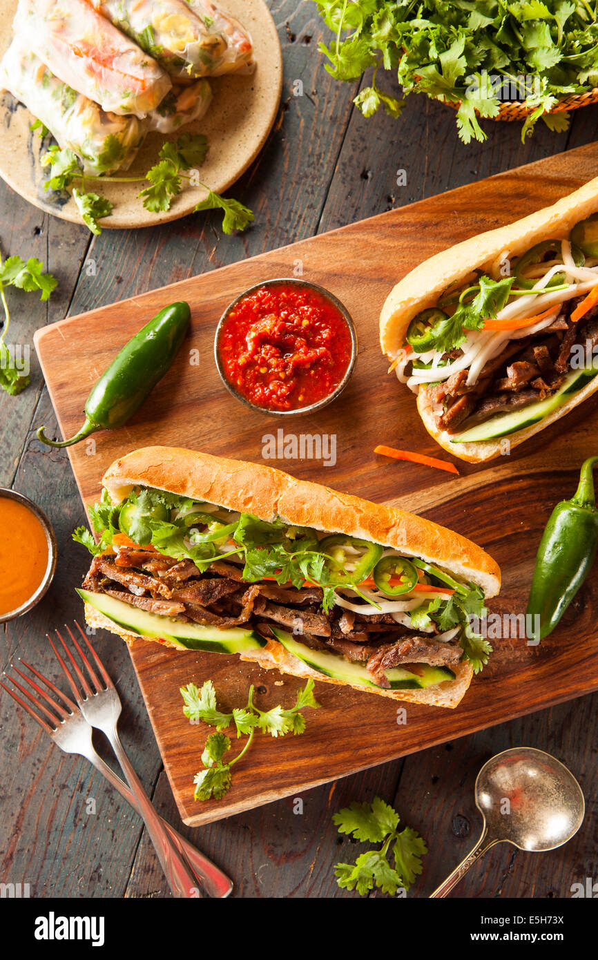 Vietnamesische Banh Mi Schweinesandwich mit Koriander und Daikon Stockfoto