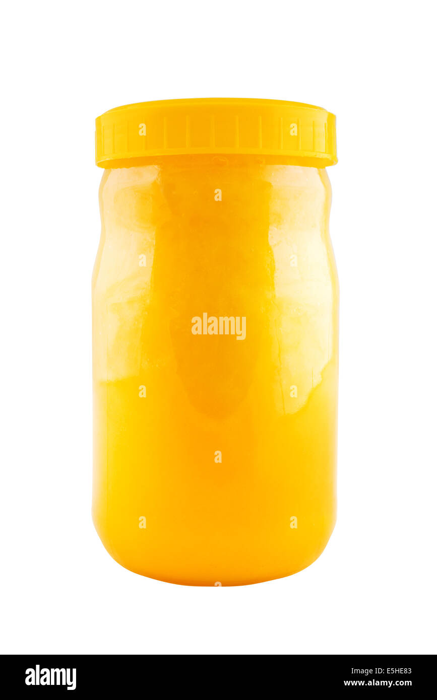 Glas mit schmackhaften und gesunden Bienenhonig isoliert auf weißem Hintergrund Stockfoto
