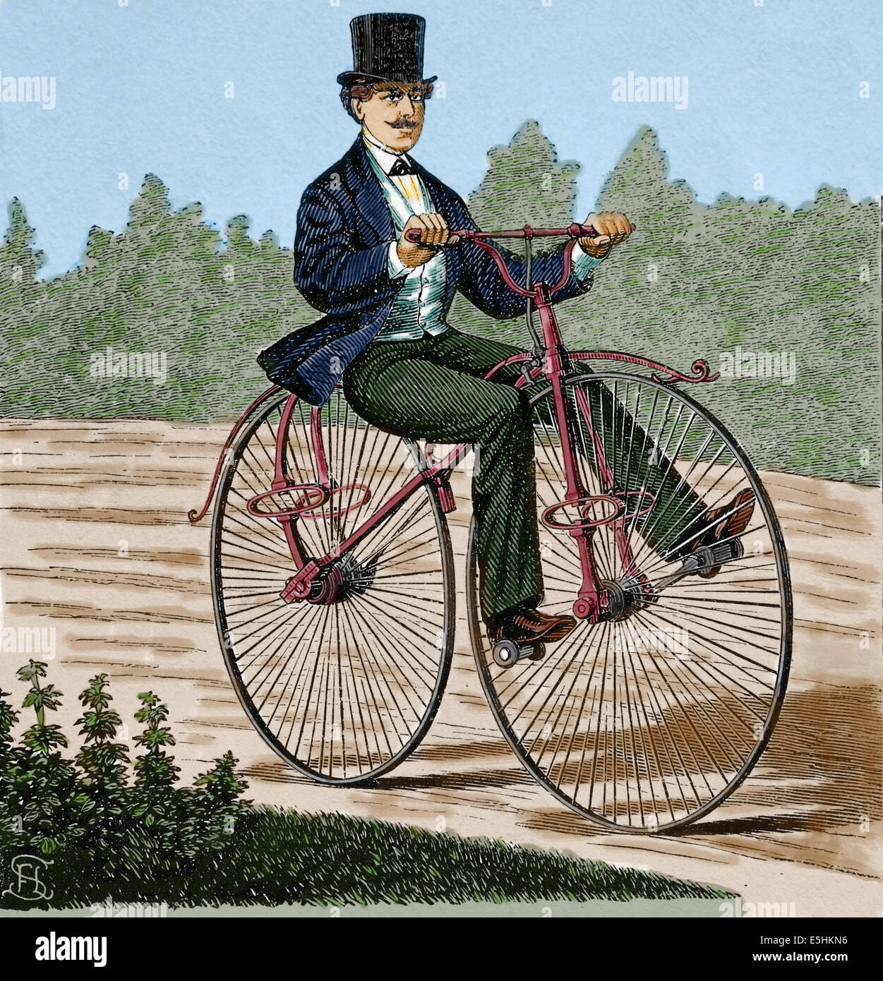 Altes Fahrrad. Kupferstich, 19. Jahrhundert. Spätere Färbung. Stockfoto