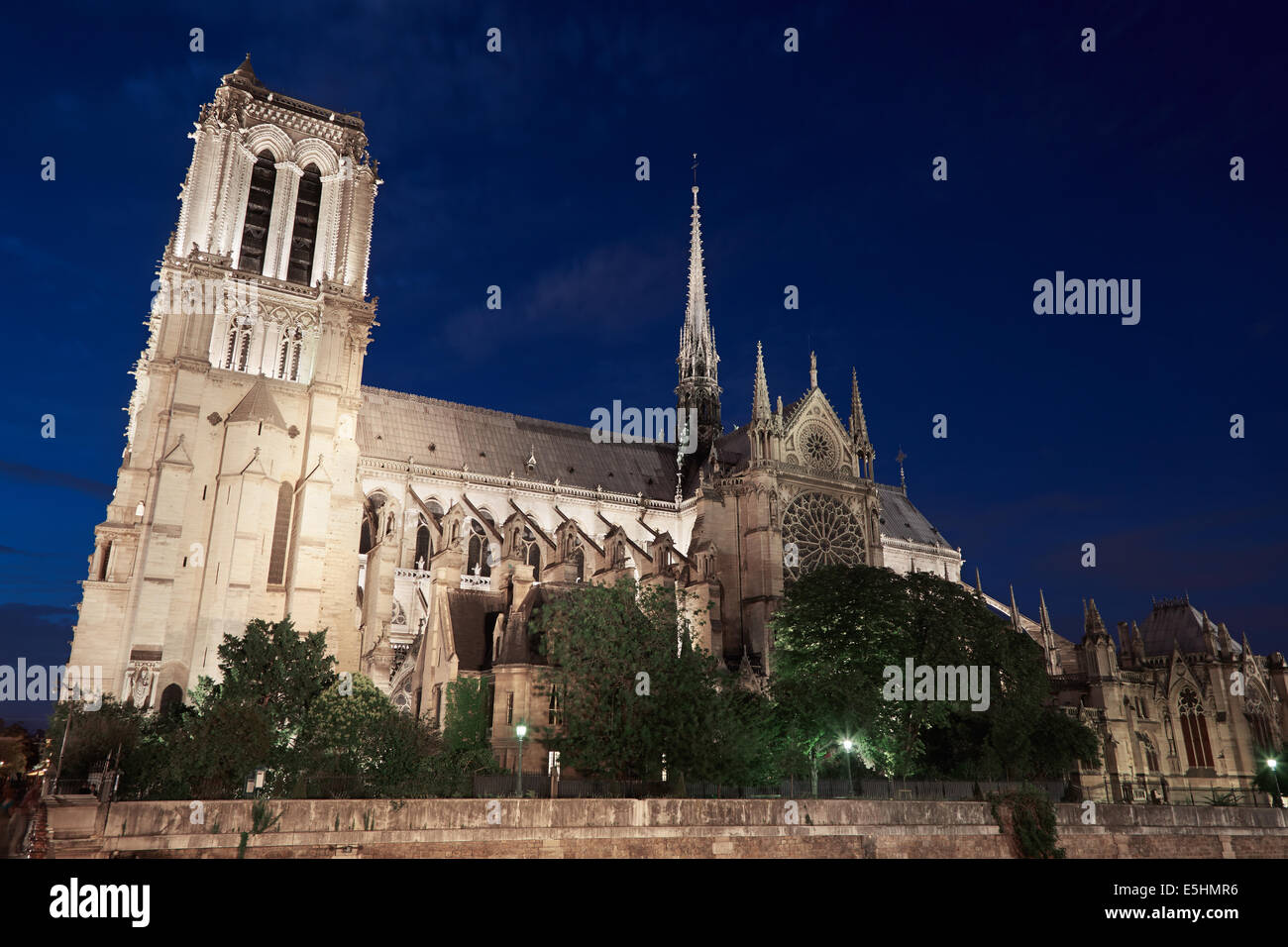Kathedrale Notre Dame de Paris in Frankreich bei Nacht, Side view Stockfoto