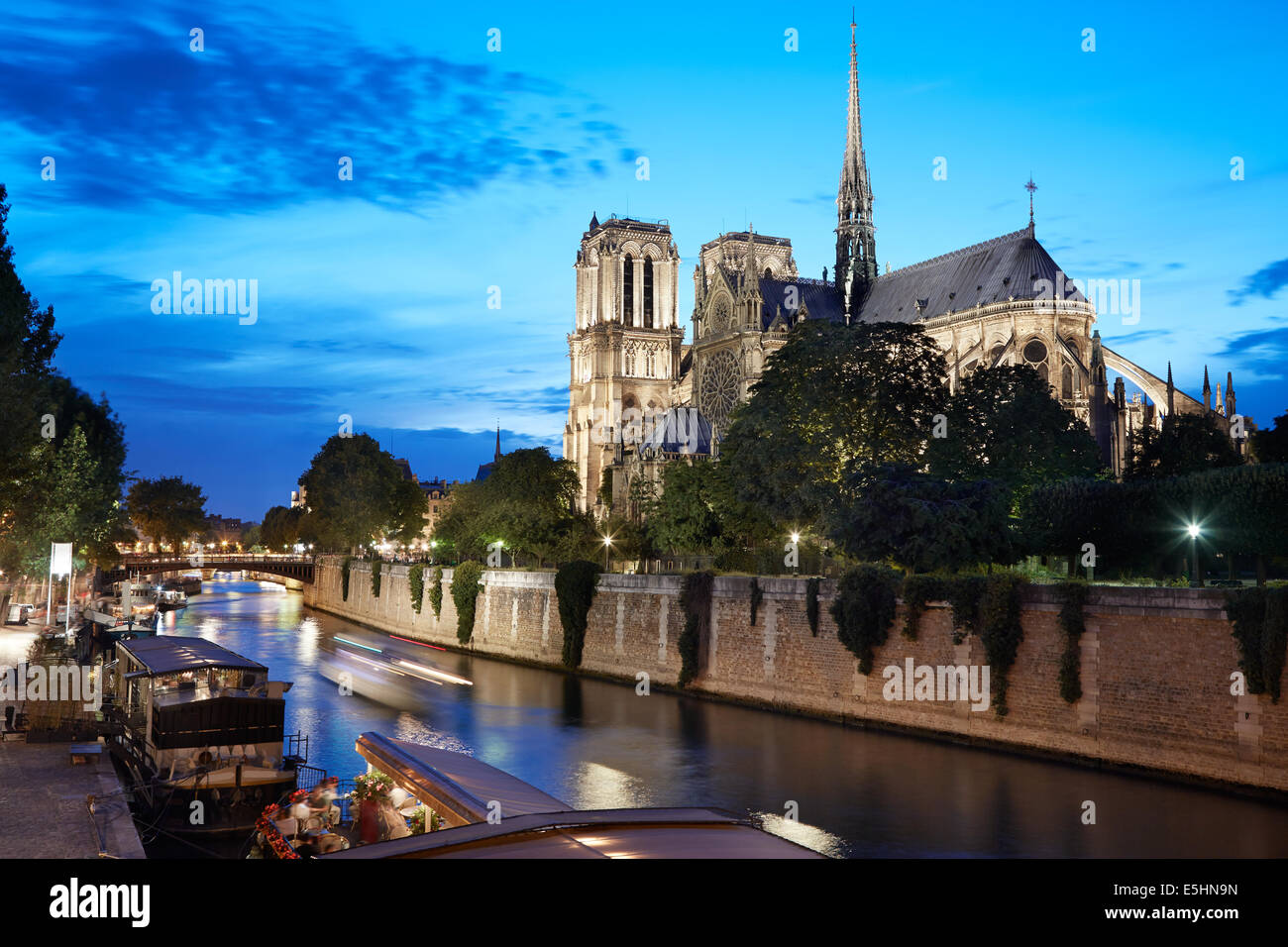 Kathedrale Notre Dame de Paris in Frankreich in der Nacht mit Blick auf den Fluss Seine Stockfoto