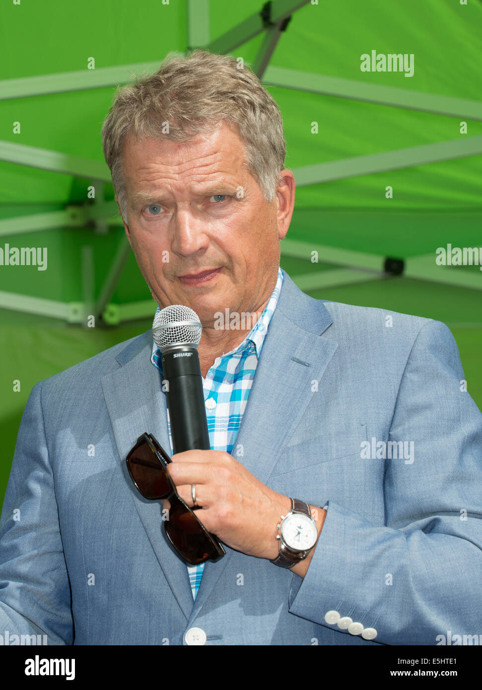 Heinola, Finnland. 1. August 2014. Präsident von Finnland Sauli Niinistö Besuch der Stadt Heinola, Heinola, Finnland, 1.8.2014. Bildnachweis: Janne Tervonen/Alamy Live-Nachrichten Stockfoto