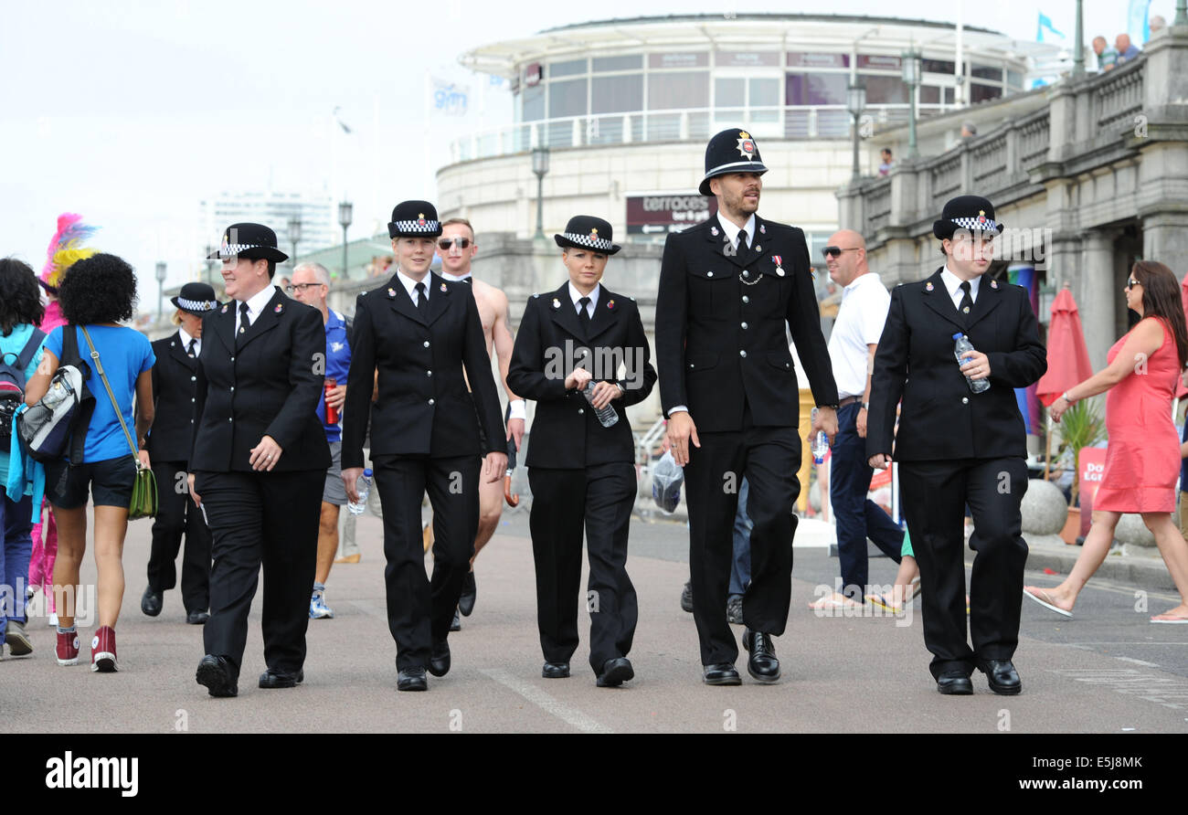 Brighton, Sussex, UK. 2. August 2014. Mitglieder der Polizei teilnehmen an die jährliche Brighton Pride Parade beginnt an der Strandpromenade und endet in Preston Park Stockfoto