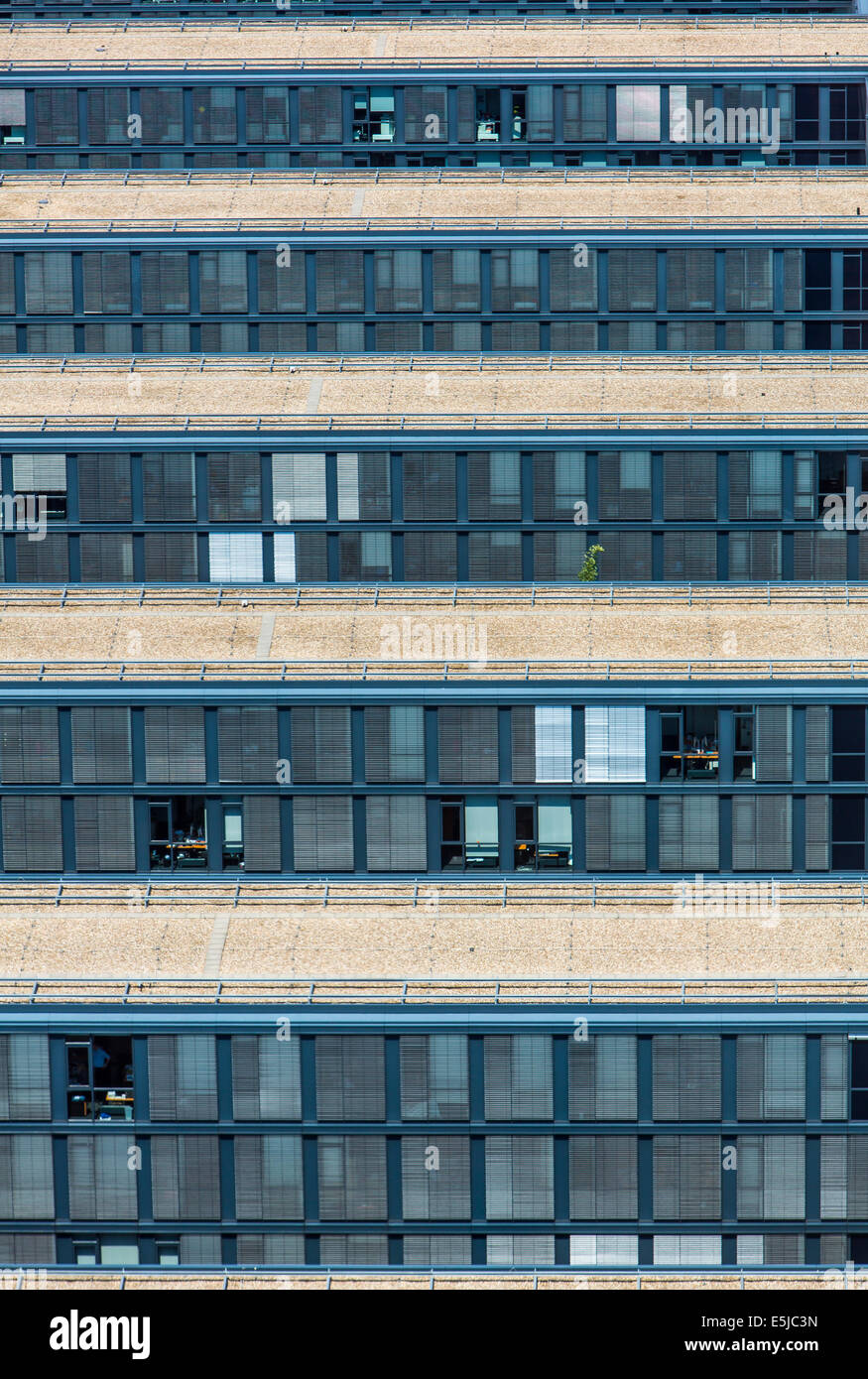 Bürogebäude, viele Flügel, mit Fenster und Jalousien, einer hinter dem anderen, Stockfoto