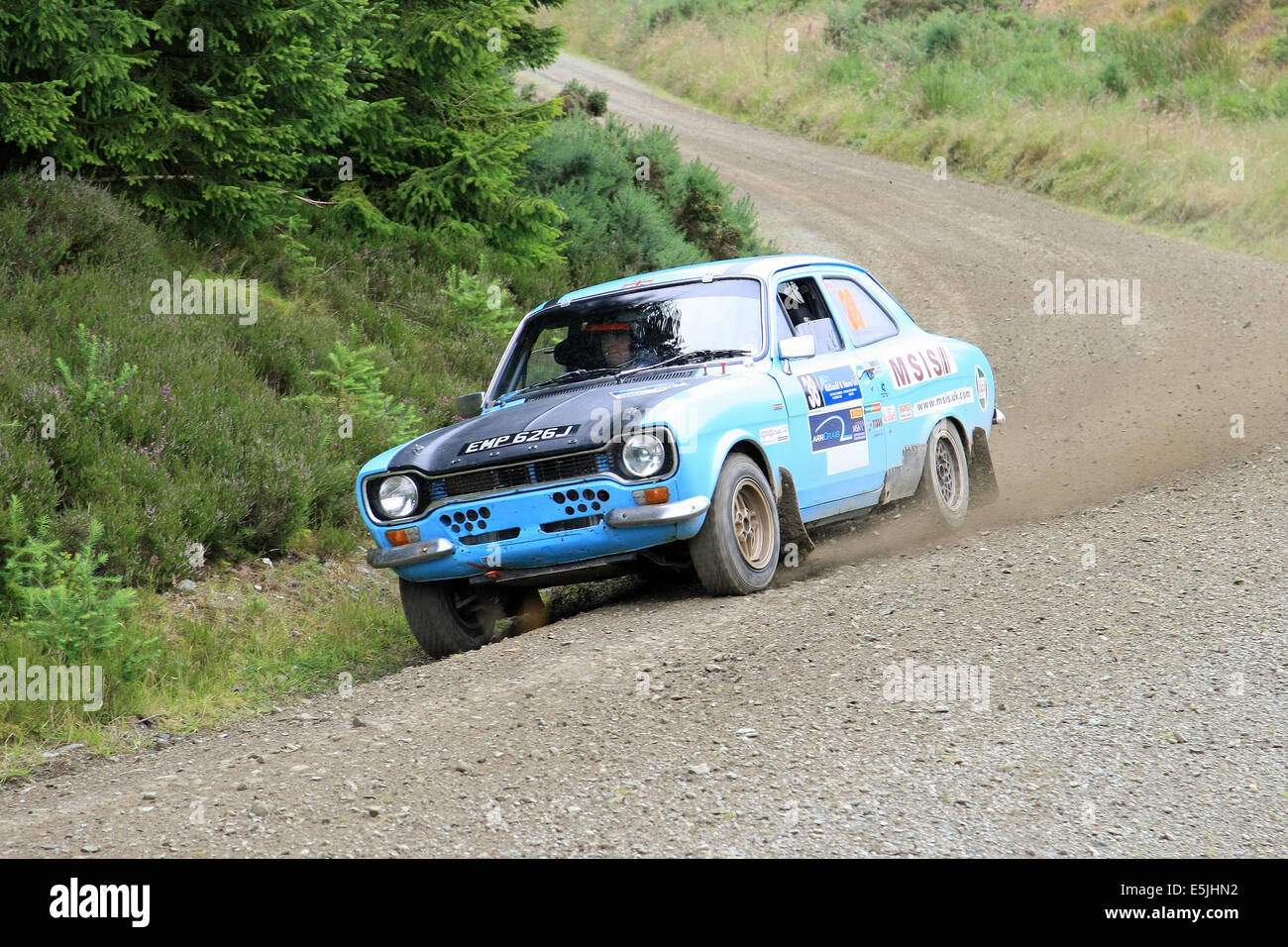 Schottland. 2. August 2014. Steven Smith und Daniel Johnstone in ihrem Ford Escort Mk1 auf der Bühne Gartly Moor der Speyside Etappen-Rallye, Schottland. Samstag, 2. August 2014. Bildnachweis: Malcolm Gallone/Alamy Live-Nachrichten Stockfoto