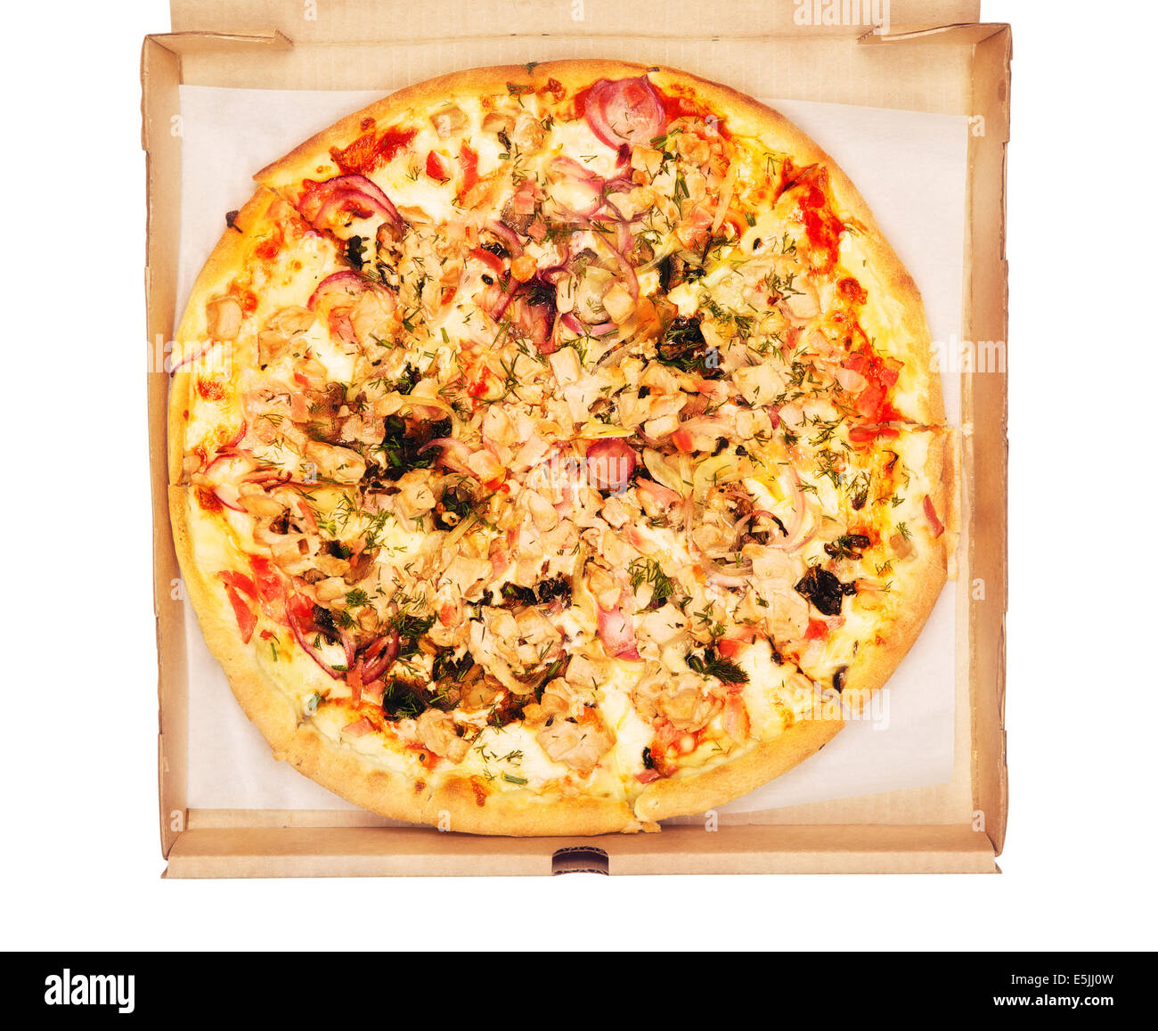 frische Pizza in Box, isoliert auf weiss Stockfoto
