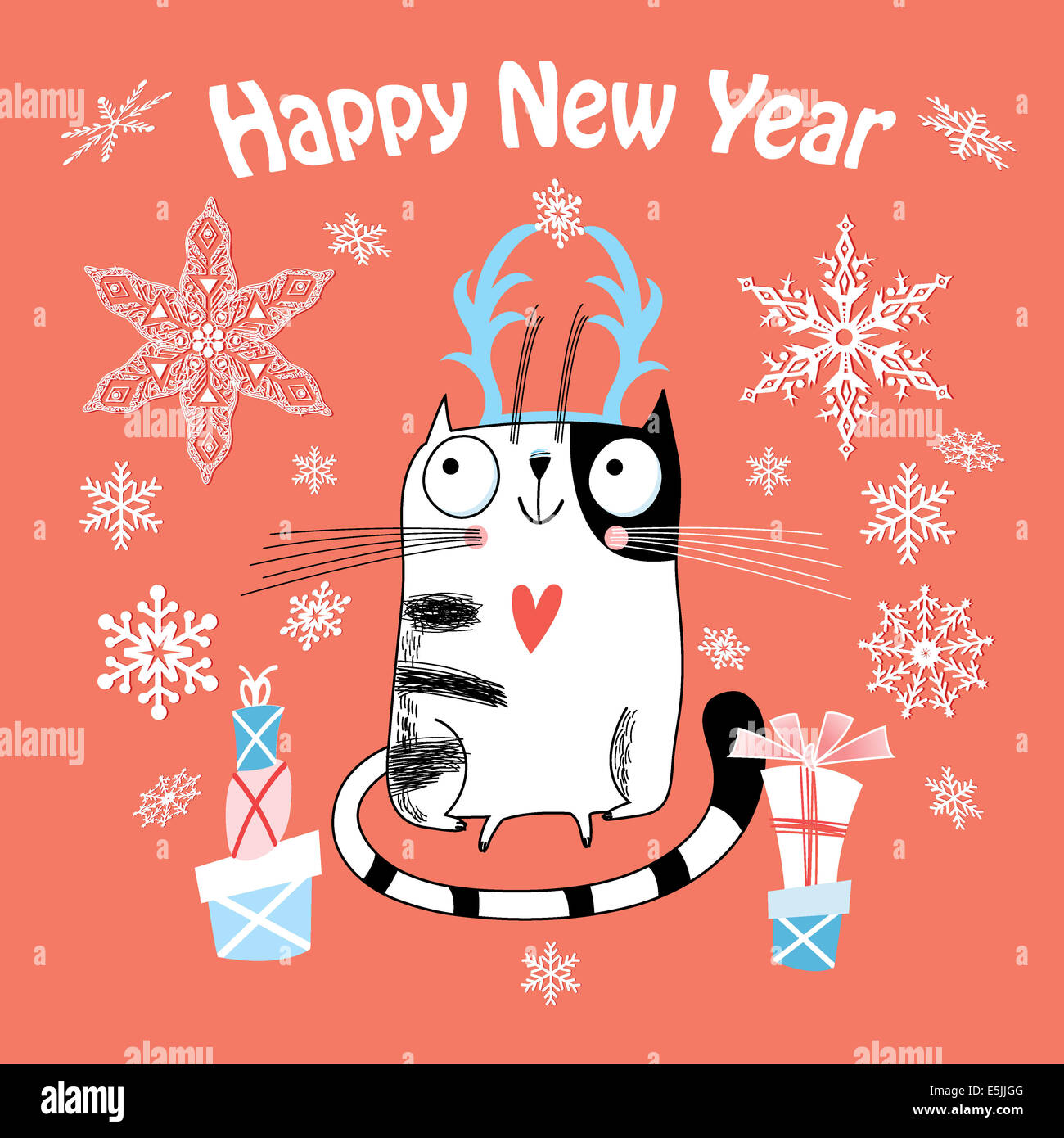 Neujahrskarte mit einer glücklichen Katze auf rotem Grund mit Schneeflocken Stockfoto