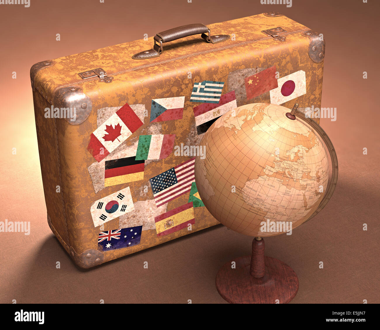 Antiker Globus vor einem Retro-Koffer. Reisekonzept auf der ganzen Welt. Stockfoto