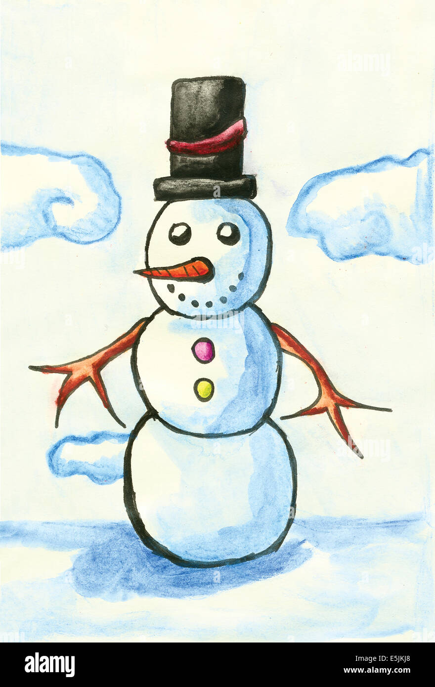 Acryl Illustration der Schneemann mit schwarzen Hut Stockfoto