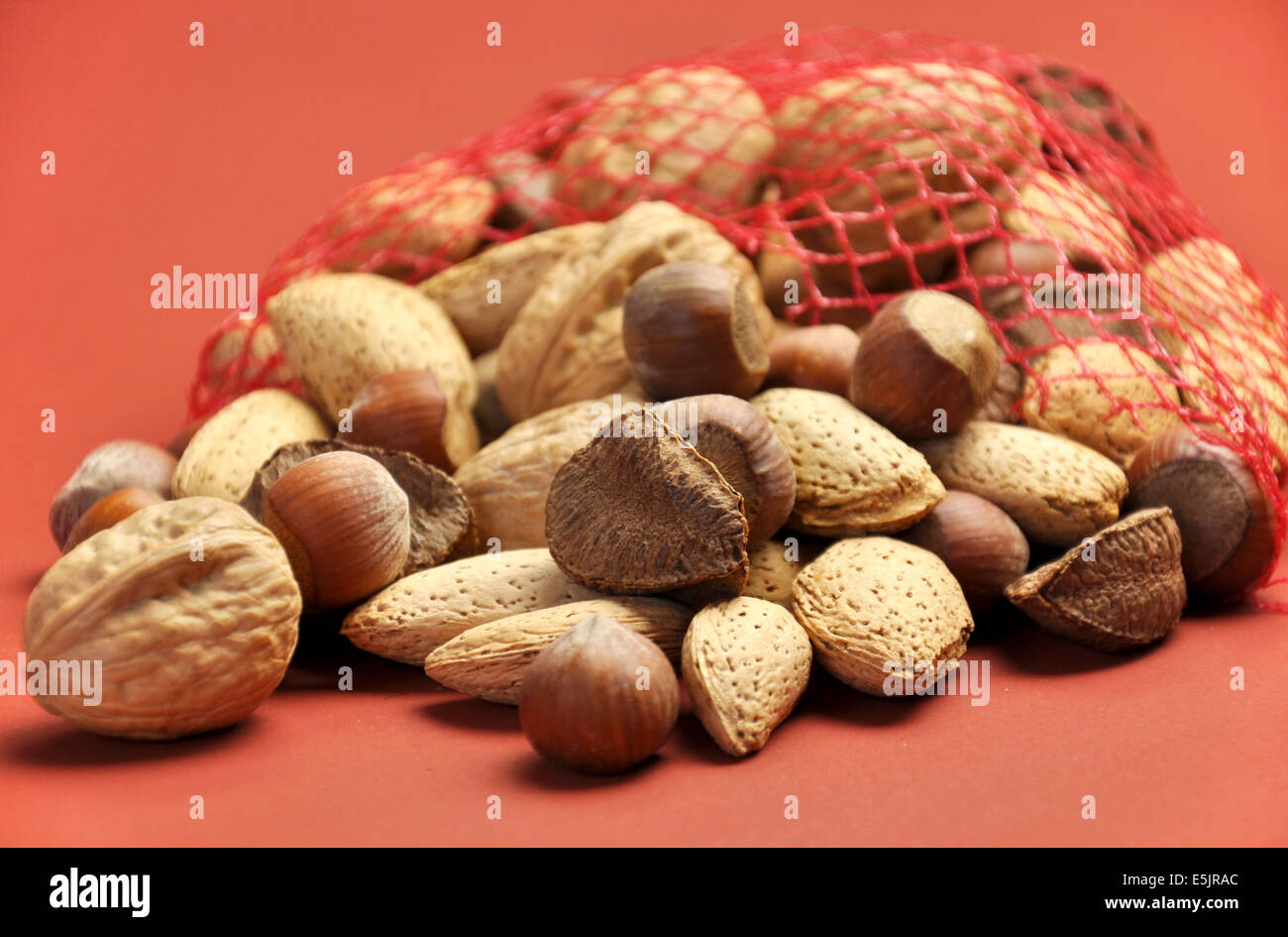 Tasche köstliche gesunde Nüsse - Walnüsse, Mandeln, Haselnüsse und Paranüsse Stockfoto