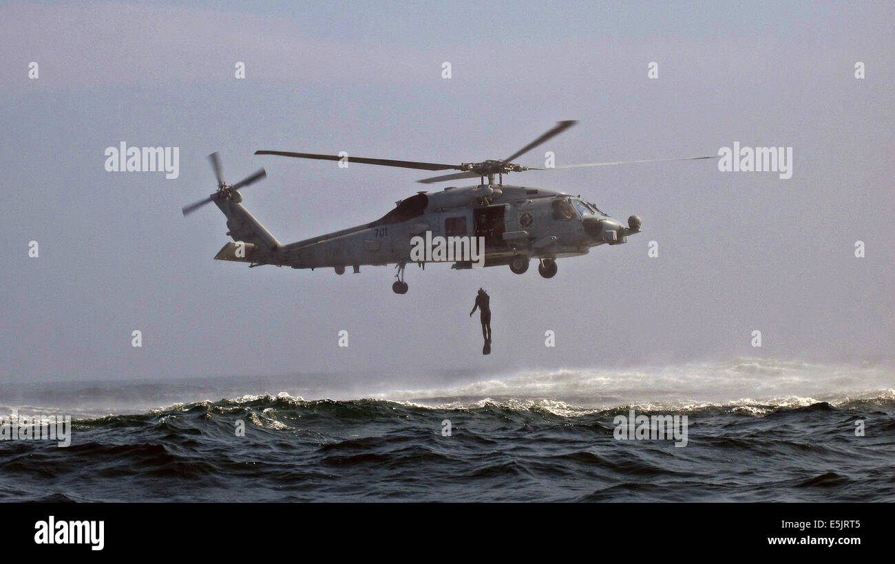Ein US-Marine Suche und Rettung Taucher springt aus einem MH-60R Sea Hawk-Hubschrauber in den Pazifischen Ozean während des Trainings mit der Arliegh-burke-Klasse Lenkwaffenzerstörer USS Wayne E. Meyer 8. Mai 2014 der Küste von Hawaii. Stockfoto