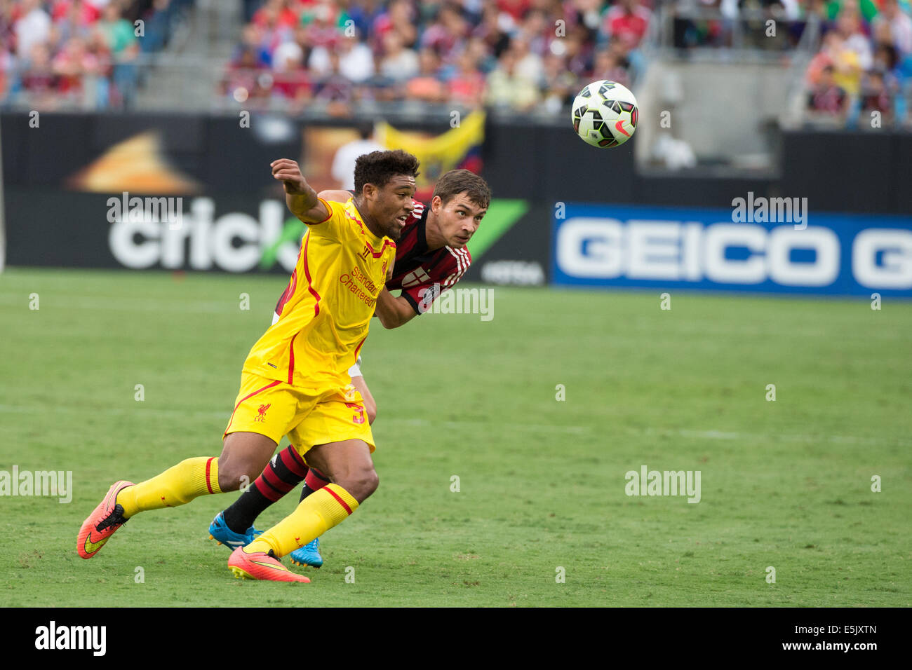 Charlotte, North Carolina, USA. 2. August 2014. Liverpool Mittelfeldspieler JORDAN IBE (33) während der 2014 Guinness International Champions Cup match zwischen AC Milan und Liverpool in der Bank of America Stadium in Charlotte, North Carolina. Liverpool geht auf 2: 0 zu gewinnen. Bildnachweis: Jason Walle/ZUMA Draht/Alamy Live-Nachrichten Stockfoto