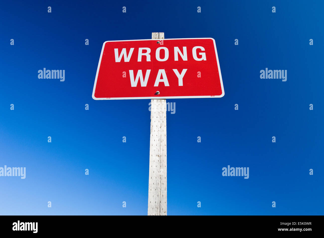 Ein roter Wrong Way-Schild gegen eine klare Blau Stockfoto