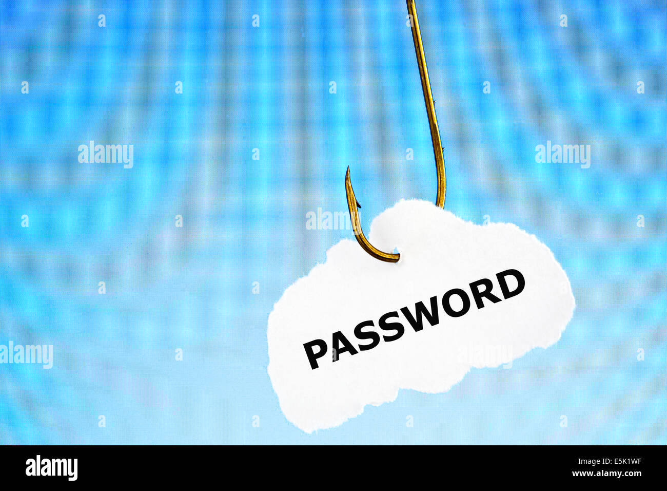 Passwort auf ein Stück Papier gedruckt auf einen Angelhaken infront von Computer-Display angeschlossen. Phishing und Daten Schutzkonzept. Stockfoto