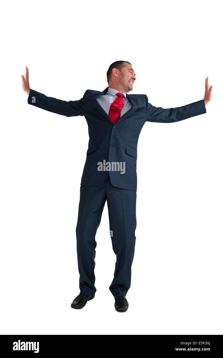Geschäftsmann drängen nach außen isoliert auf weißem Hintergrund Stockfoto