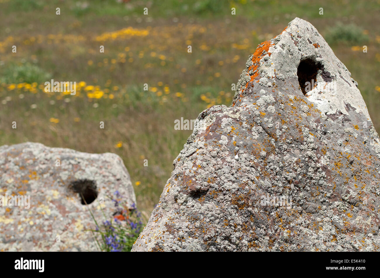 Löcher auf Megalithen, prähistorische archäologische Stätte Zorats Karer (Karahunj), Armenien Stockfoto