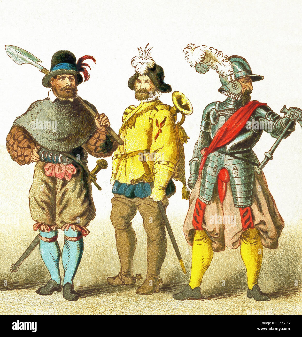 Die Abbildungen zeigen die deutschen zwischen 1550 und 1600. Sie sind von links nach rechts: ein Pionier, ein Trompeter und ein Kapitän. Stockfoto