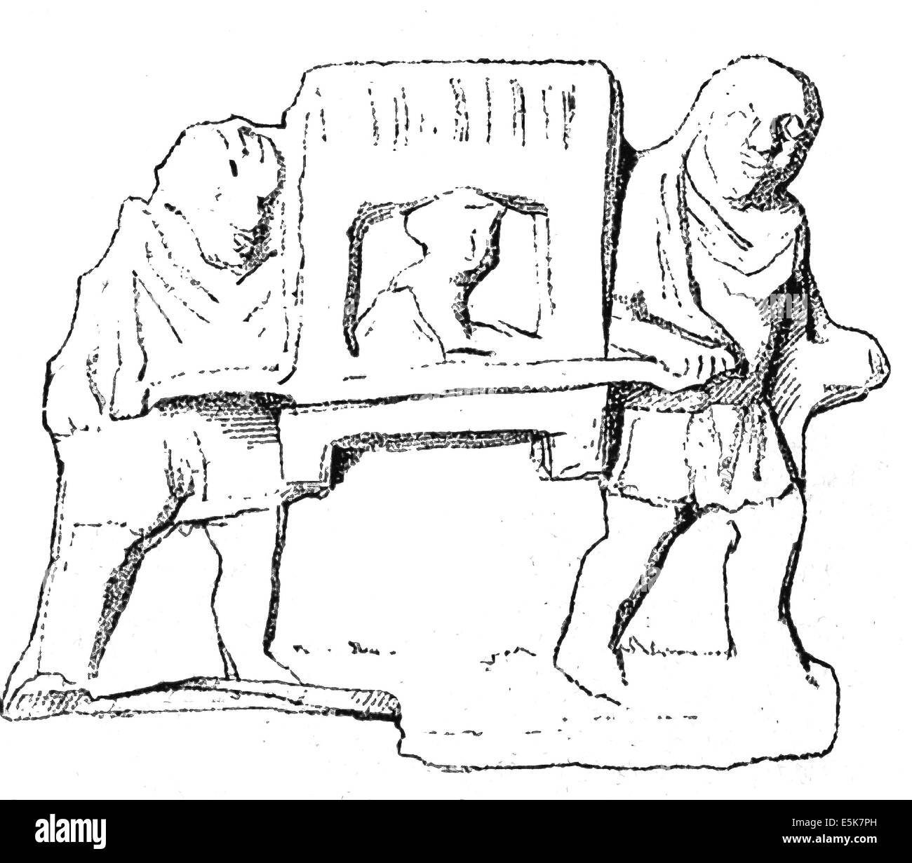 Dieses Relief aus Pompeji zeigt zwei Sklaven tragen einen überdachte Wurf, der eine Zahl enthält, sieht um eine Frau zu sein. Stockfoto