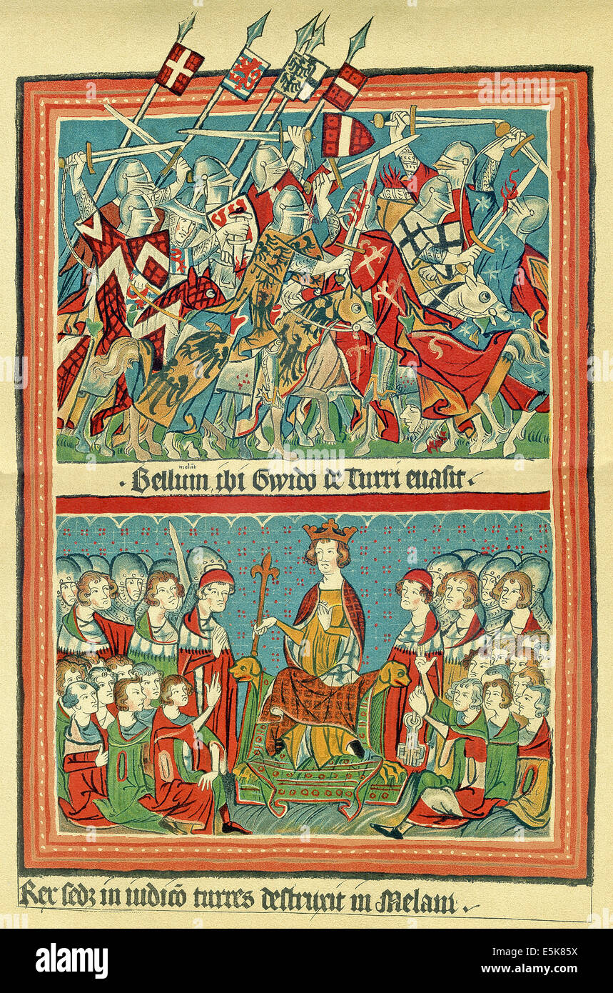 14. Jahrhundert Codex Balduineus: Top: Henry VII Kampf (oben) in 1311 und gekrönter König und (unten) sitzen im Urteil zu gewinnen. Stockfoto