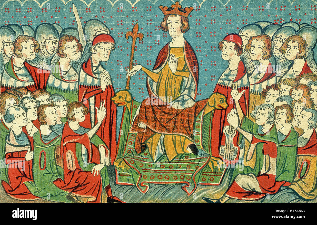 Eine Seite aus dem Codex Balduineus, ein 14. Jahrhundert Gesetzestext Henry VII (ca. 1275-1313) im Urteil in seinem Gericht sitzen. Stockfoto