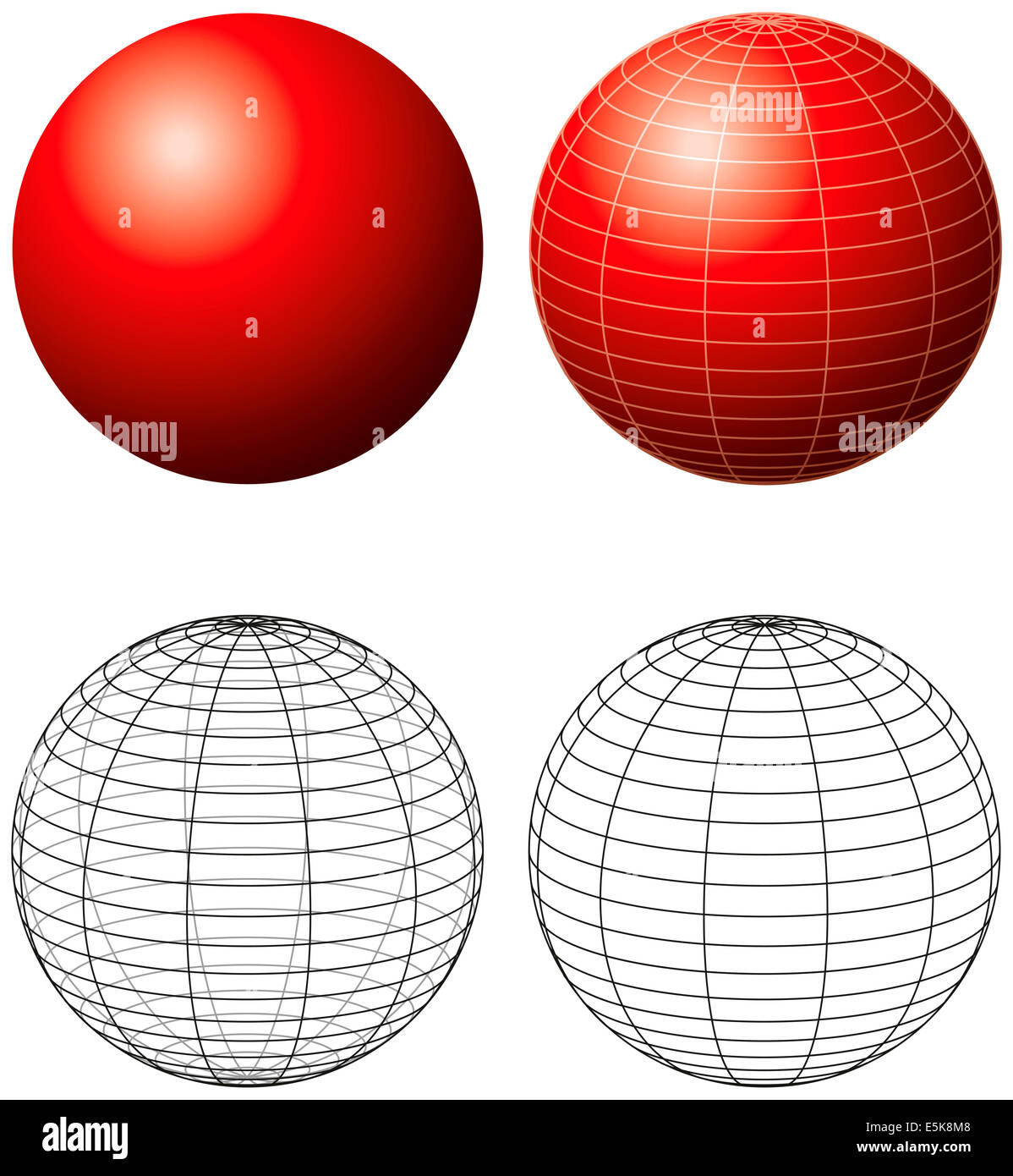 Rote Kugel mit Meridiane - dreidimensionale rote Kugel mit Raster-Linien und Umrisse Version. Abbildung auf weißem Hintergrund. Stockfoto