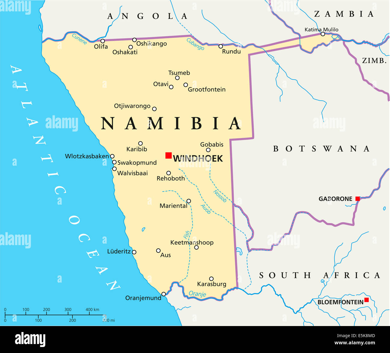 Namibia Landkarte mit Hauptstadt Windhoek, nationale Grenzen und die wichtigsten Städte. Abbildung mit englischer Beschriftung. Stockfoto