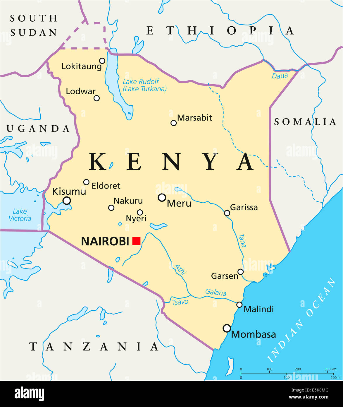 Kenia politische Karte mit Hauptstadt Nairobi, Landesgrenzen, die wichtigsten Städte, Flüsse und Seen mit englischer Beschriftung. Stockfoto