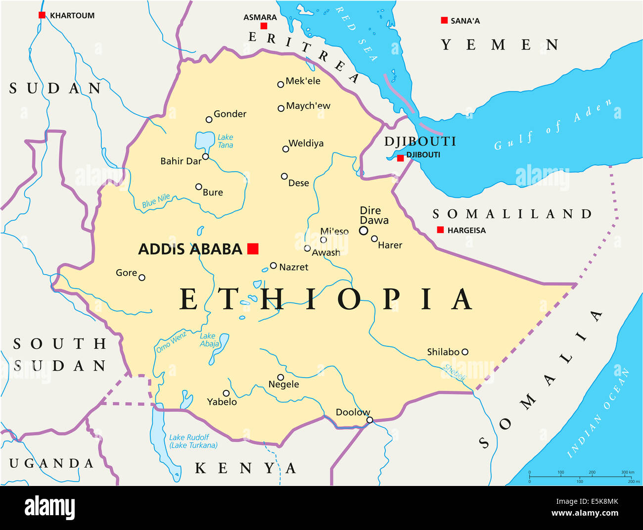 Äthiopien politische Karte mit Hauptstadt Addis Abeba, Landesgrenzen, die wichtigsten Städte, Flüsse und Seen. Stockfoto