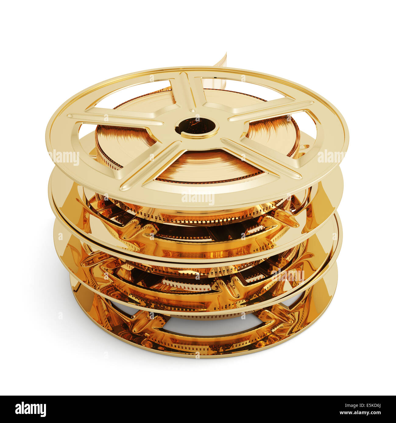 3D Abbildung des goldenen Filmrollen Stapeln isolierten auf weißen Hintergrund Stockfoto